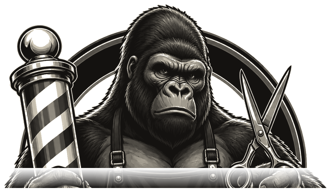 Will The Barber — illustrated gorilla barber holding scissors and a barber pole